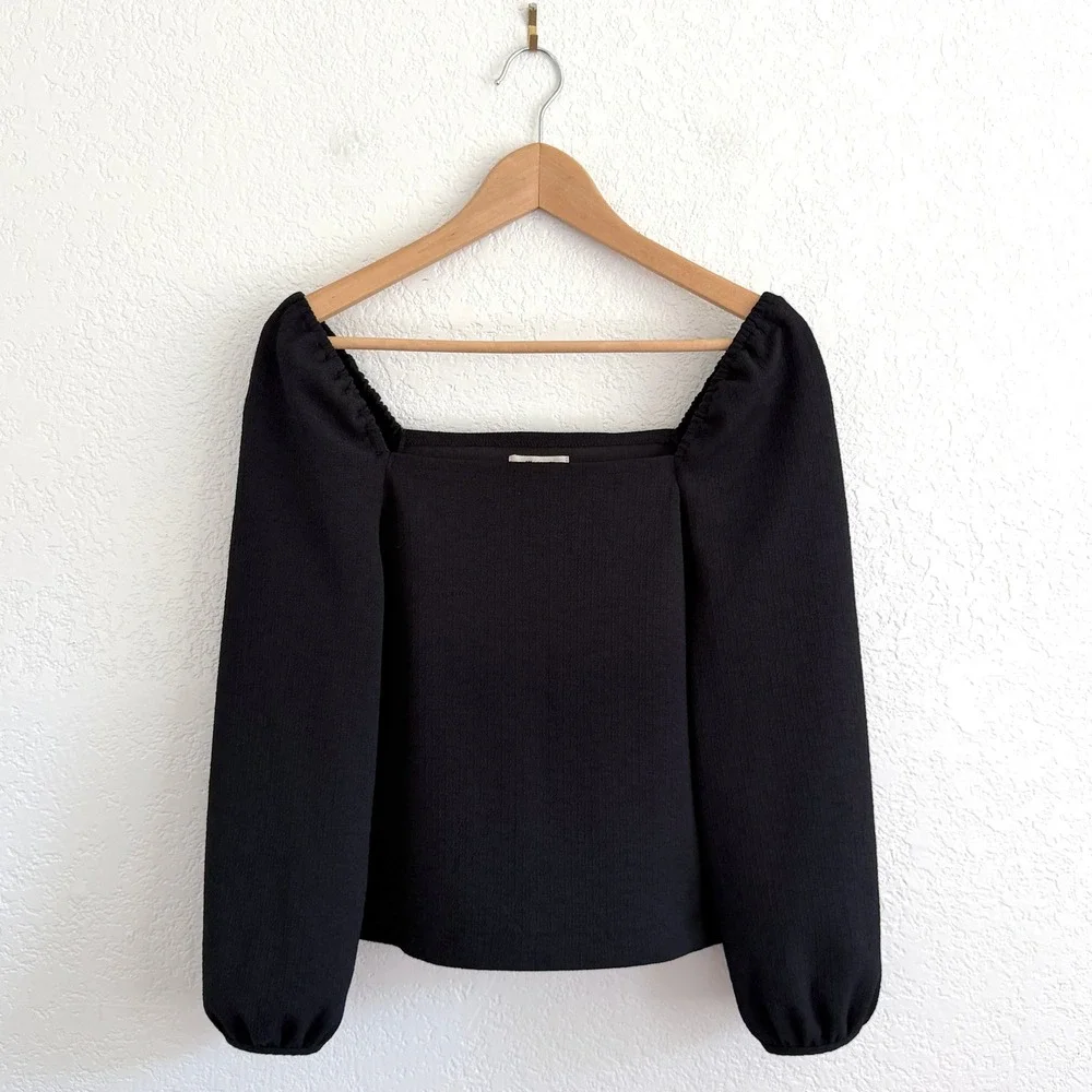 Madewell Crepe Square-Neck Puff-Sleeve Top Black Long Sleeve Romantic Womens‎ XS